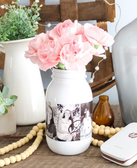 mason jar with photos attached