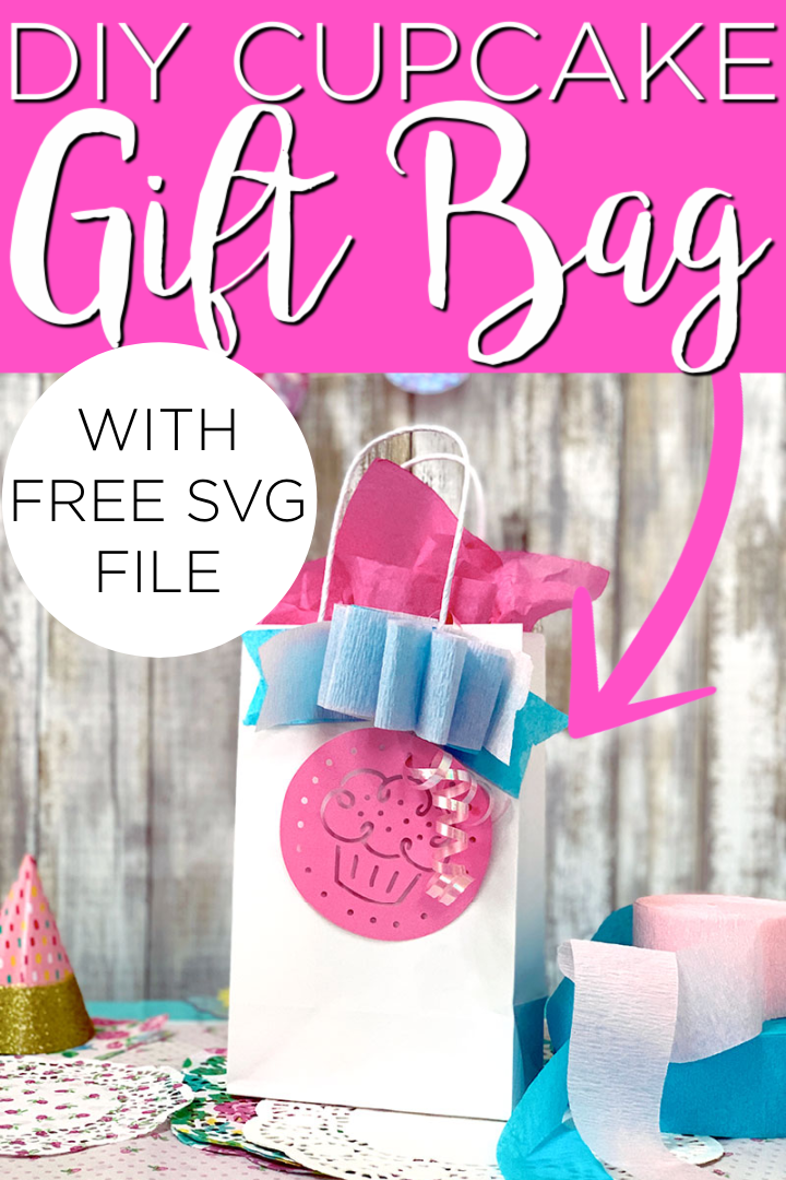 Make this cupcake gift bag with your Cricut machine in just minutes! Perfect for birthday parties and so much more plus there is a free SVG file! #svg #svgfile #cupcake #giftbag #birthday #cricut #cricutcreated