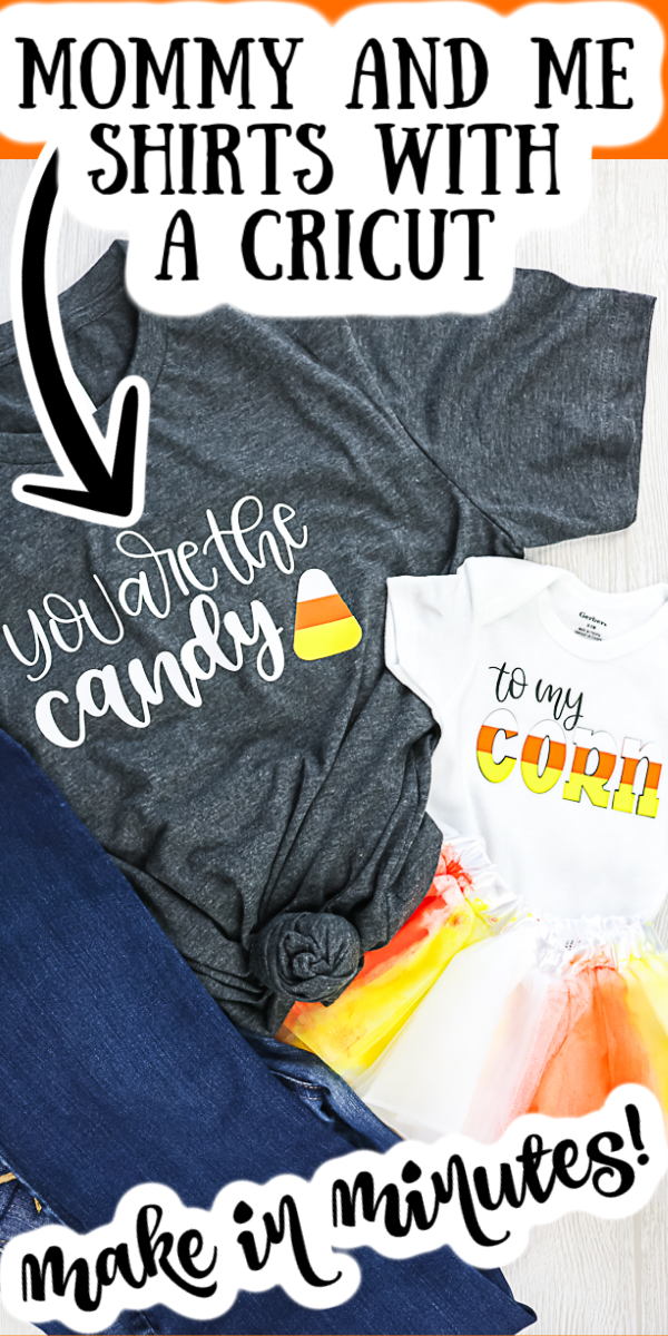 Make these mommy and me shirts in minutes with Siser HTV and your Cricut machine! So easy to make and perfect for fall with a candy corn theme! #fall #mommyandme #cricut #cricutcreated #halloween