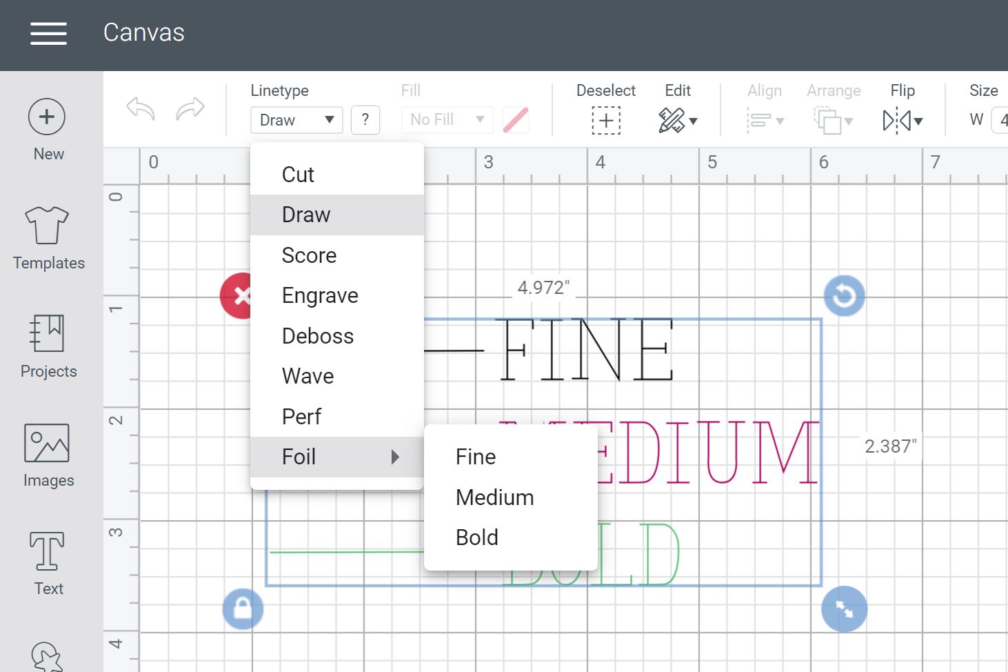 option de feuille d'espace de conception de cricut