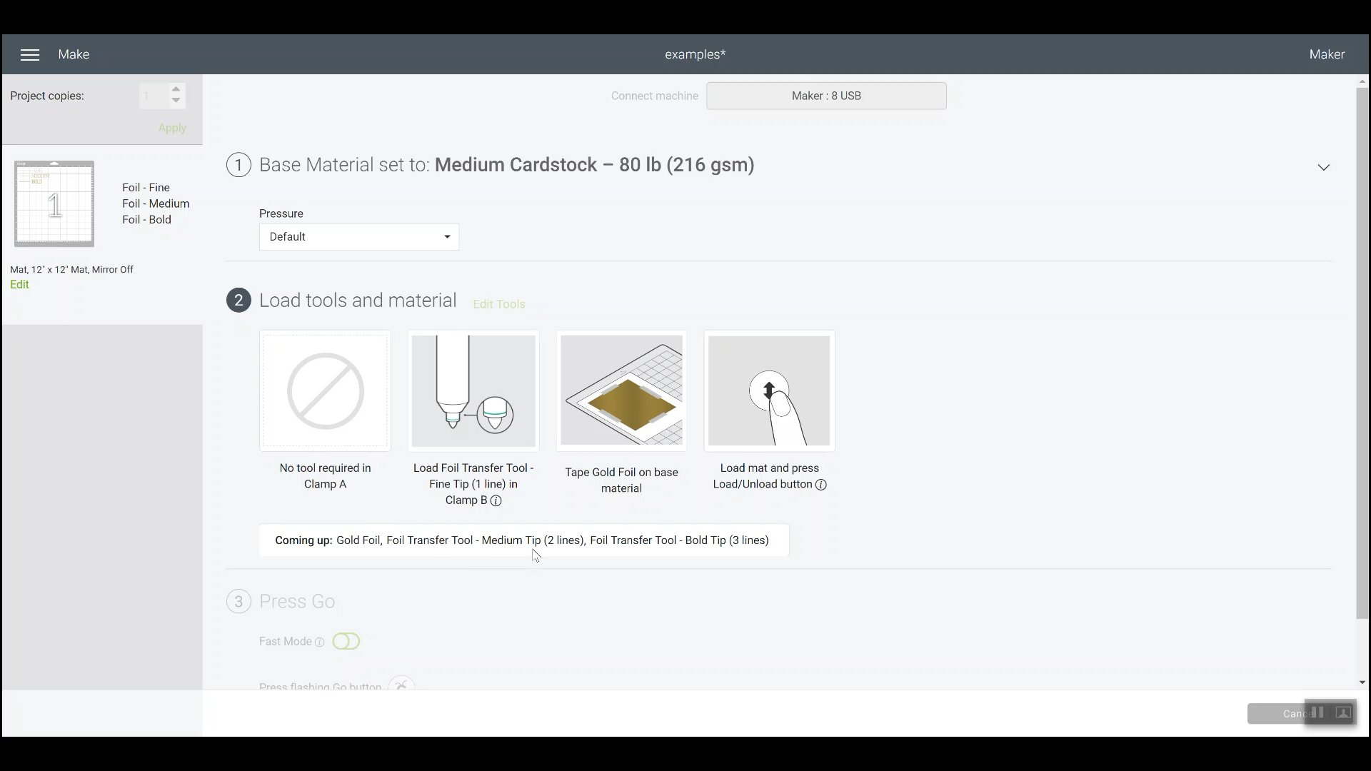 prompts in cricut design space for adding foil tool