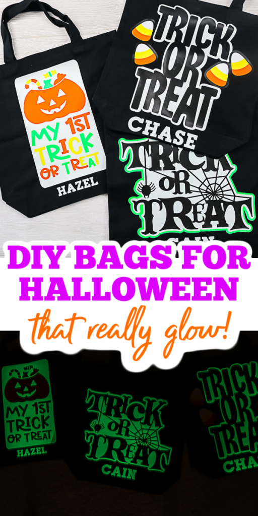 Créez vos propres sacs d'Halloween bricolage en quelques minutes avec des sacs fourre-tout et HTV. Votre Cricut facilite également la personnalisation de ce projet avec un nom! #cricut #cricutmade #cricutcreated #trickortreat #halloween #glowinthedark