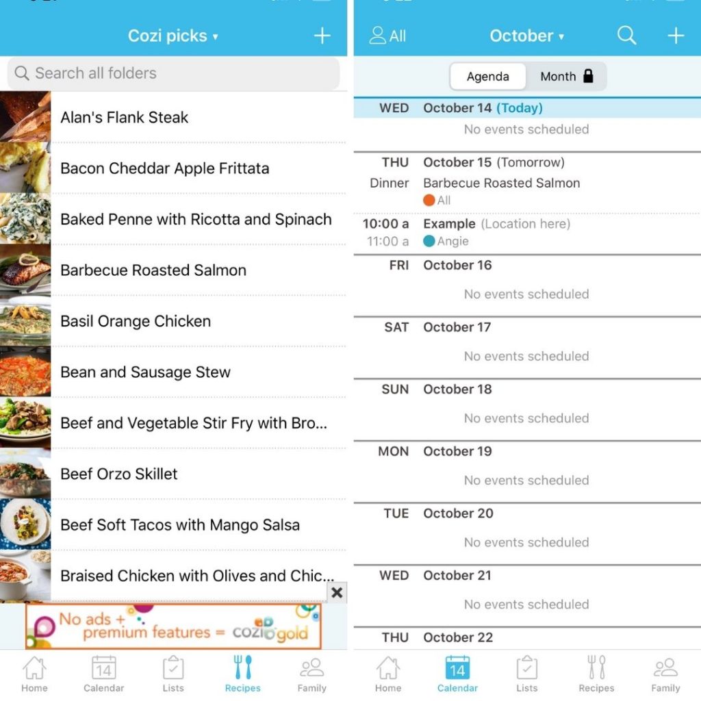 planification des repas sur l'application cozi