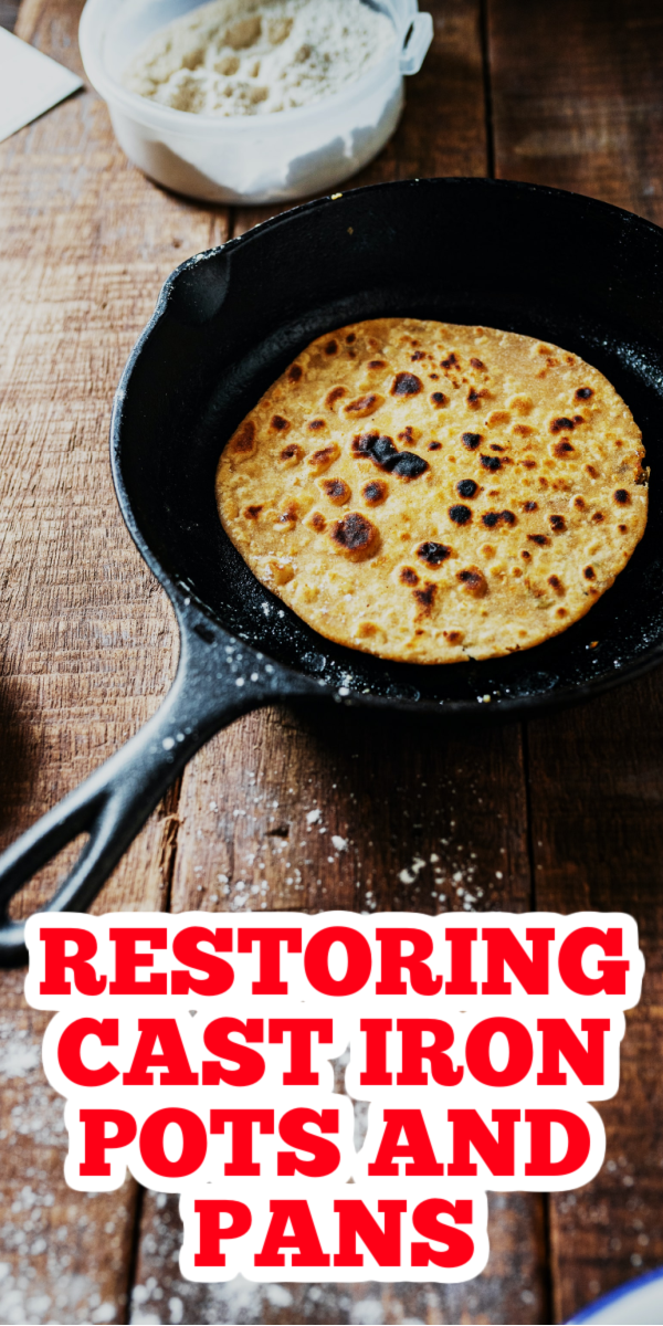 Learn all about restoring cast iron in this post! Clean your cast iron pans and season them to look better than ever before! #castiron #pans #pots 