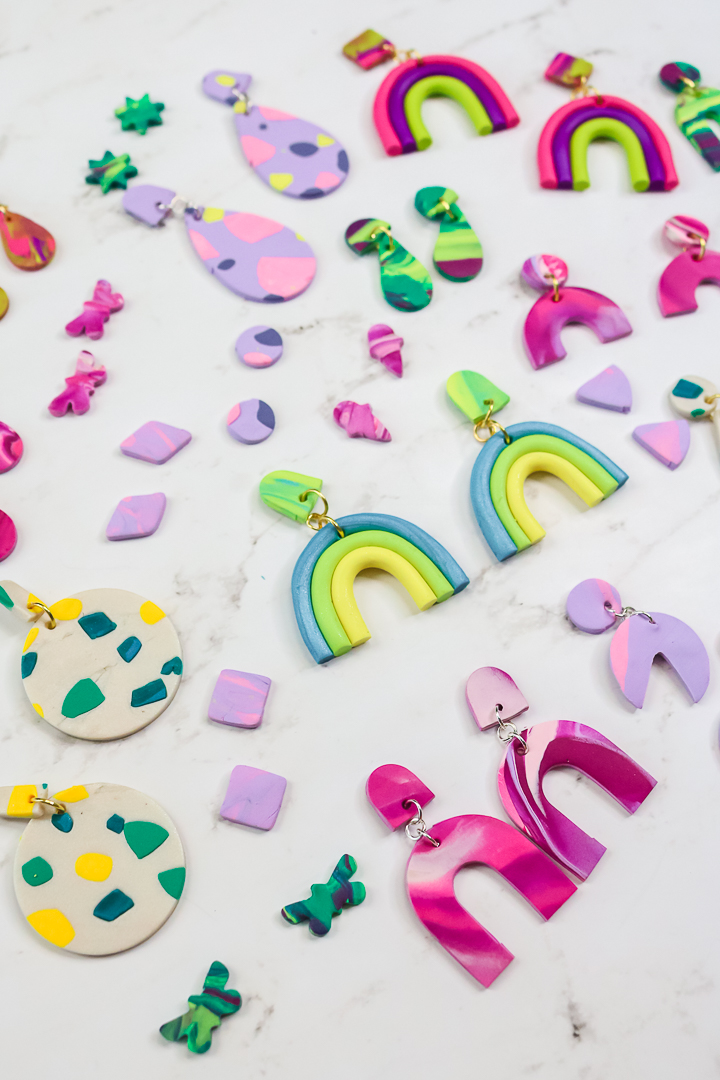 handmade clay earrings in various shapes