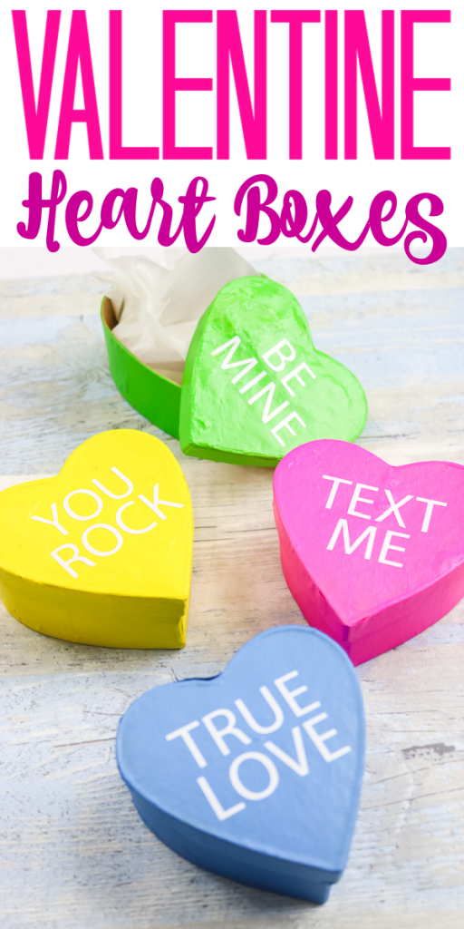 Make Valentine heart boxes to give as gifts or to decorate your home! Use your Cricut and our free cut file to add words! #valentinesday #conversationhearts #valentinecraft