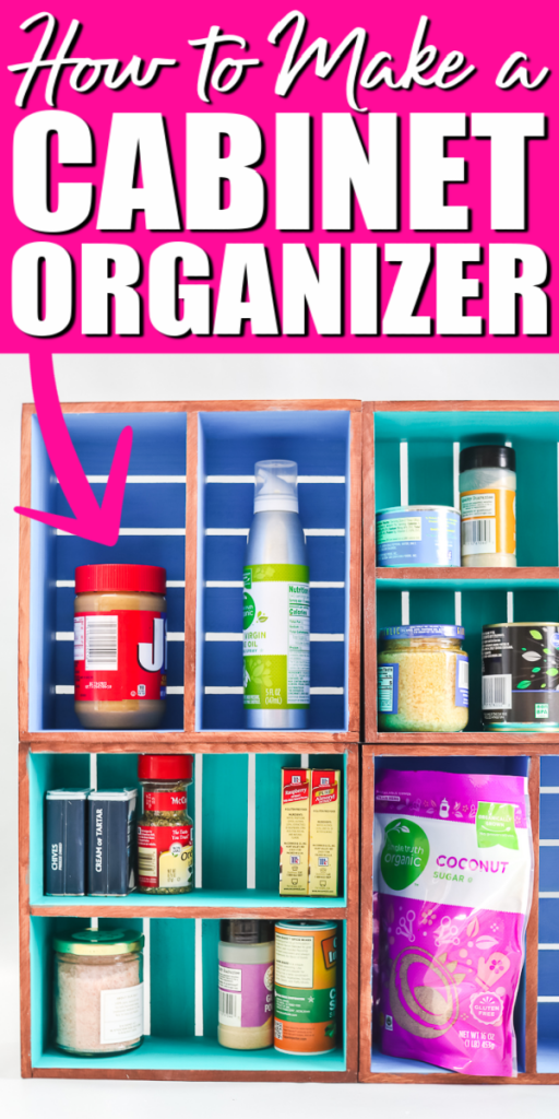 Grab the supplies to make this DIY cabinet organizer for your kitchen! Make this in any size to organize any cabinet in your home! #organizer #organize #cabinets #kitchen