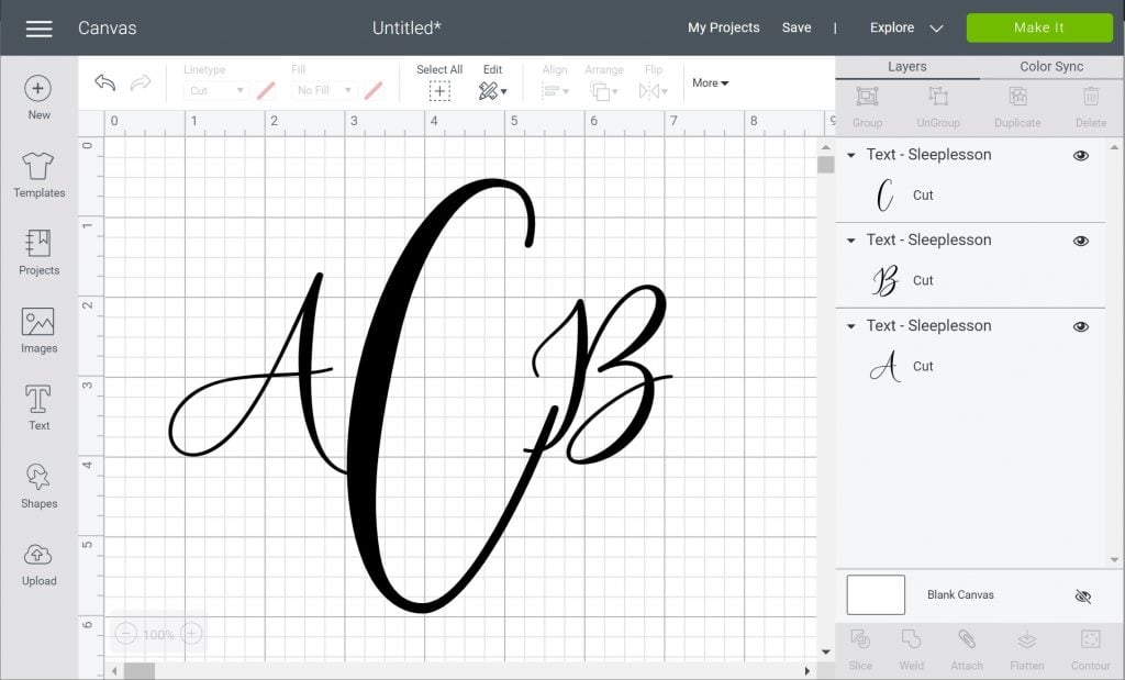 monongramme avec police de script dans Cricut Design Space