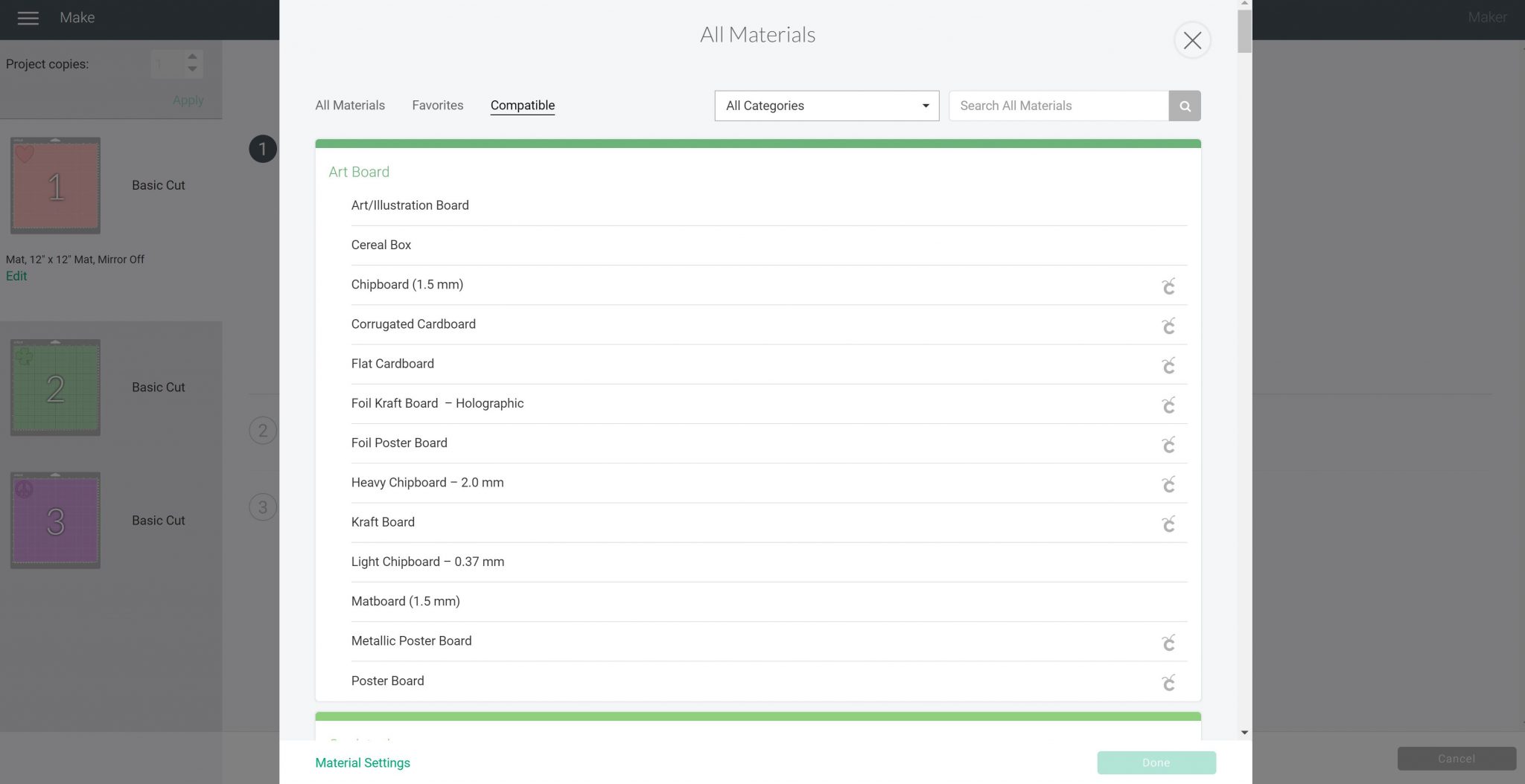 material setting button in design space