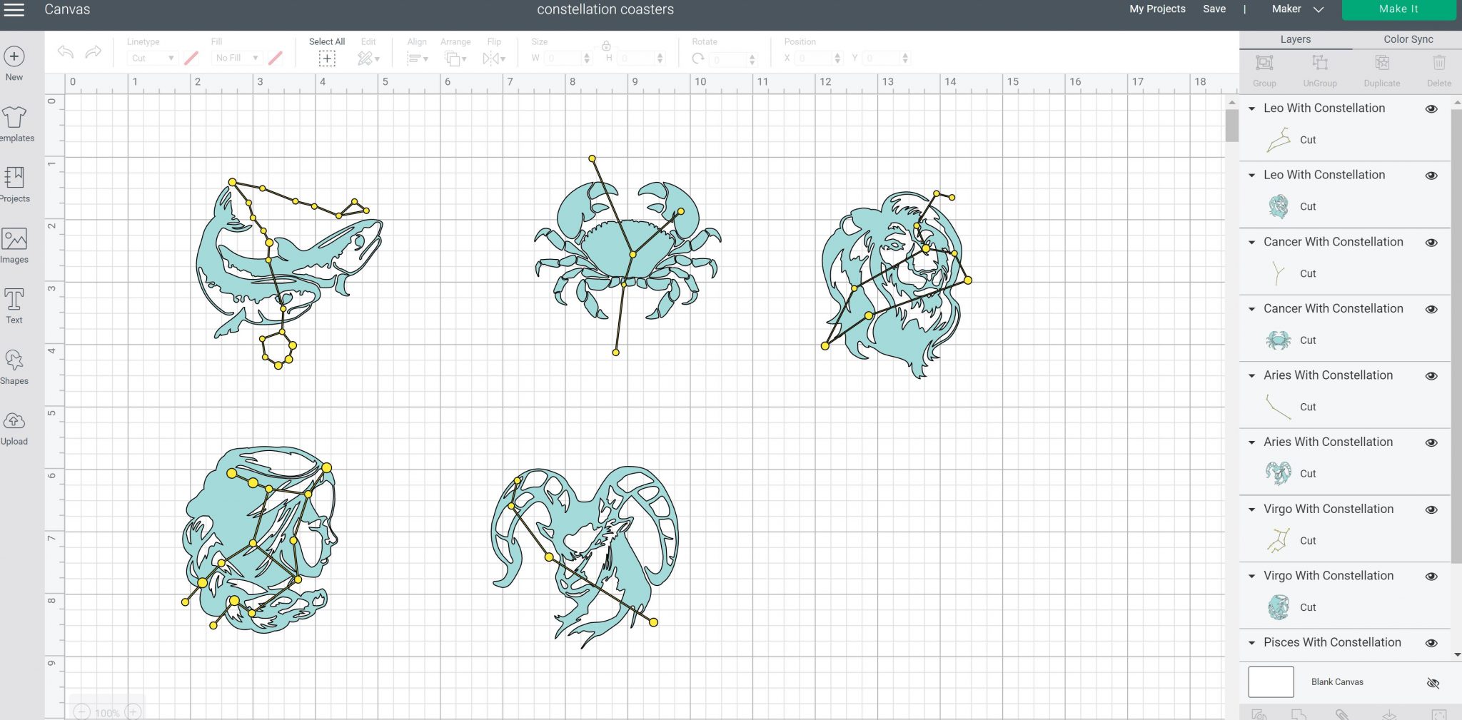 dessins de signe du zodiaque dans l'espace de conception cricut