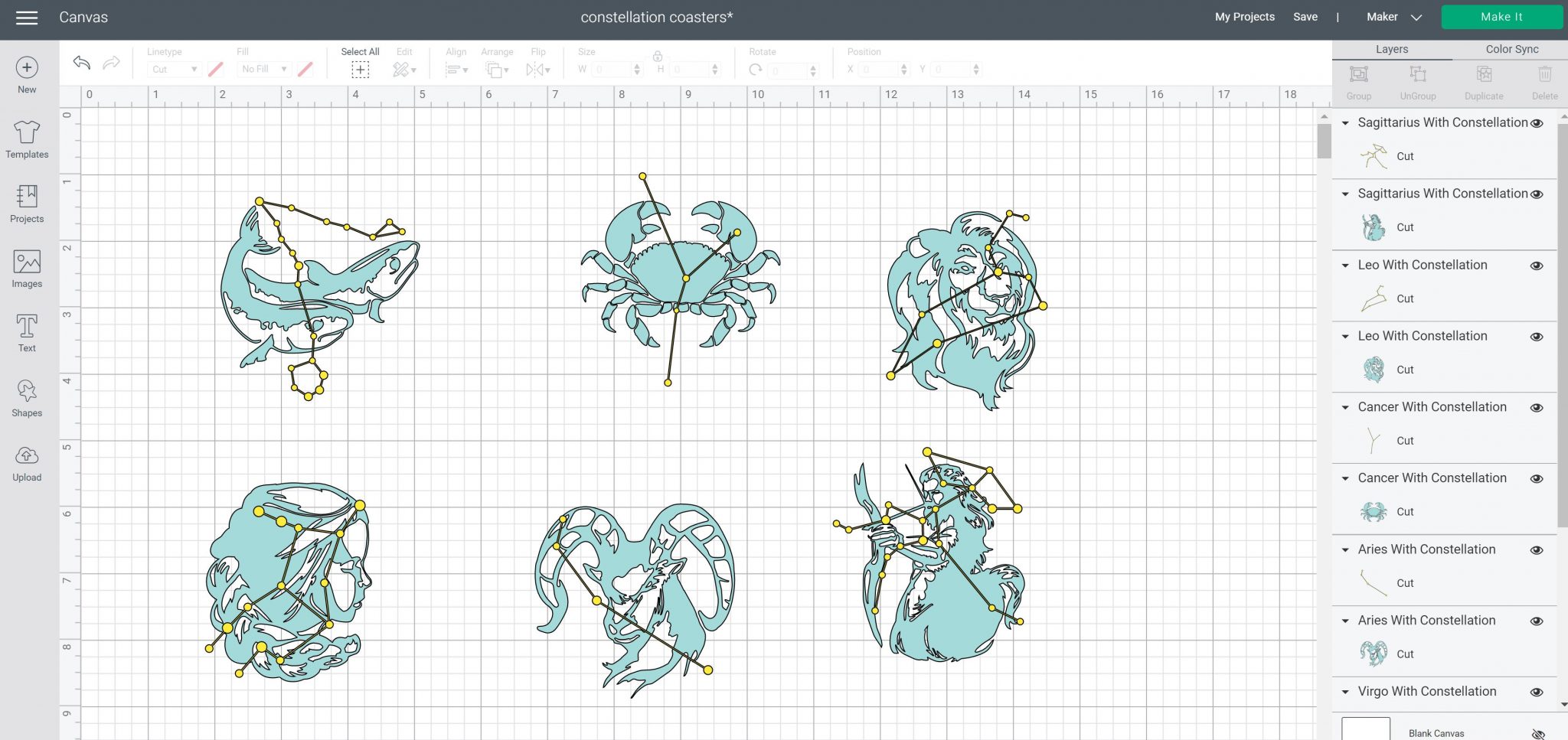 espace de conception cricut avec signes du zodiaque