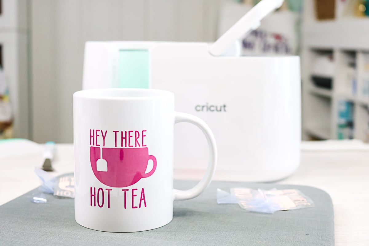 hey there hot tea mug in front of the press