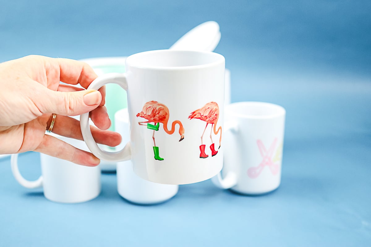 flamingo in rain boots mug