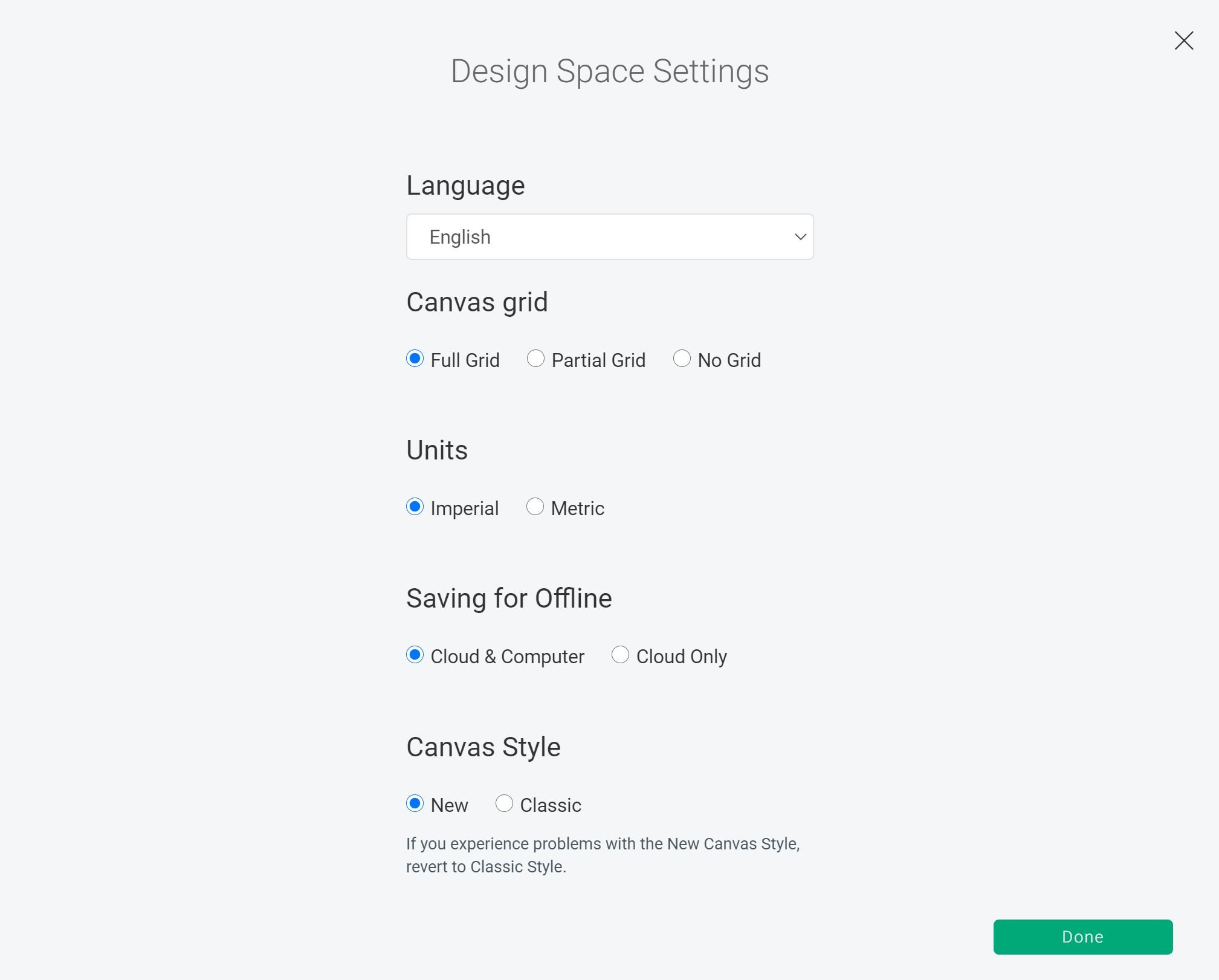 design space settings