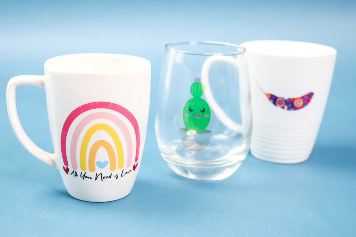 waterslide paper decals applied to mugs