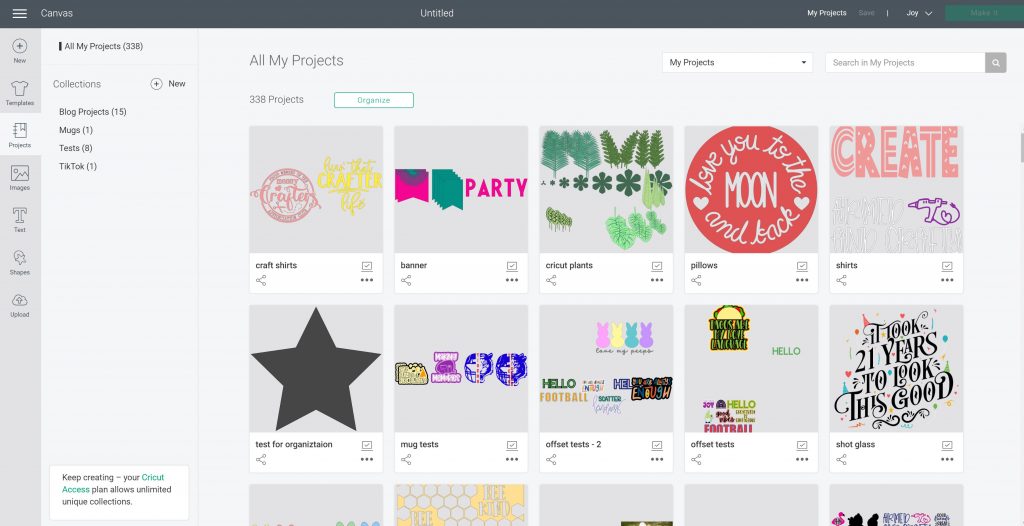 my projects screen in cricut design space