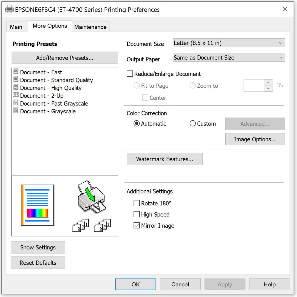 color correction printing preferences