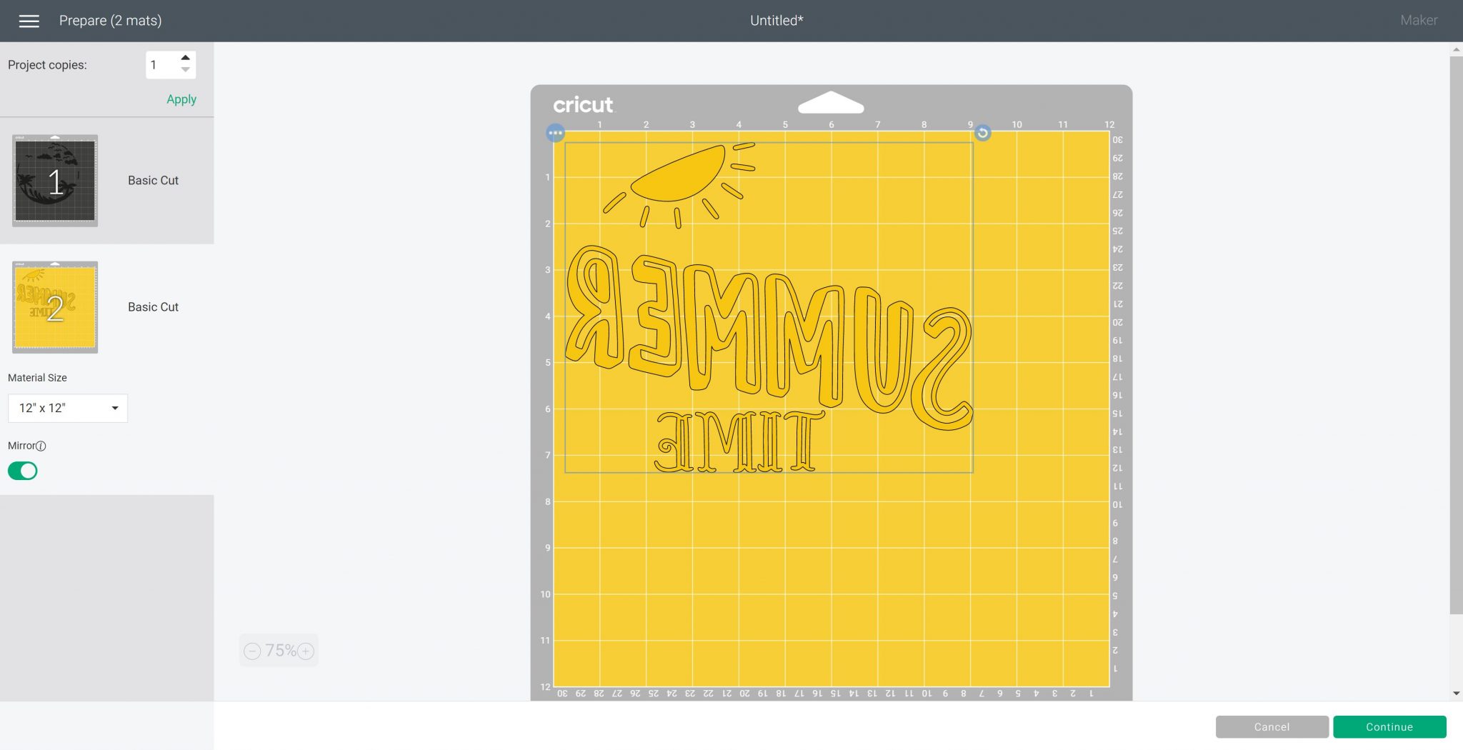 image en miroir dans l'espace de conception cricut