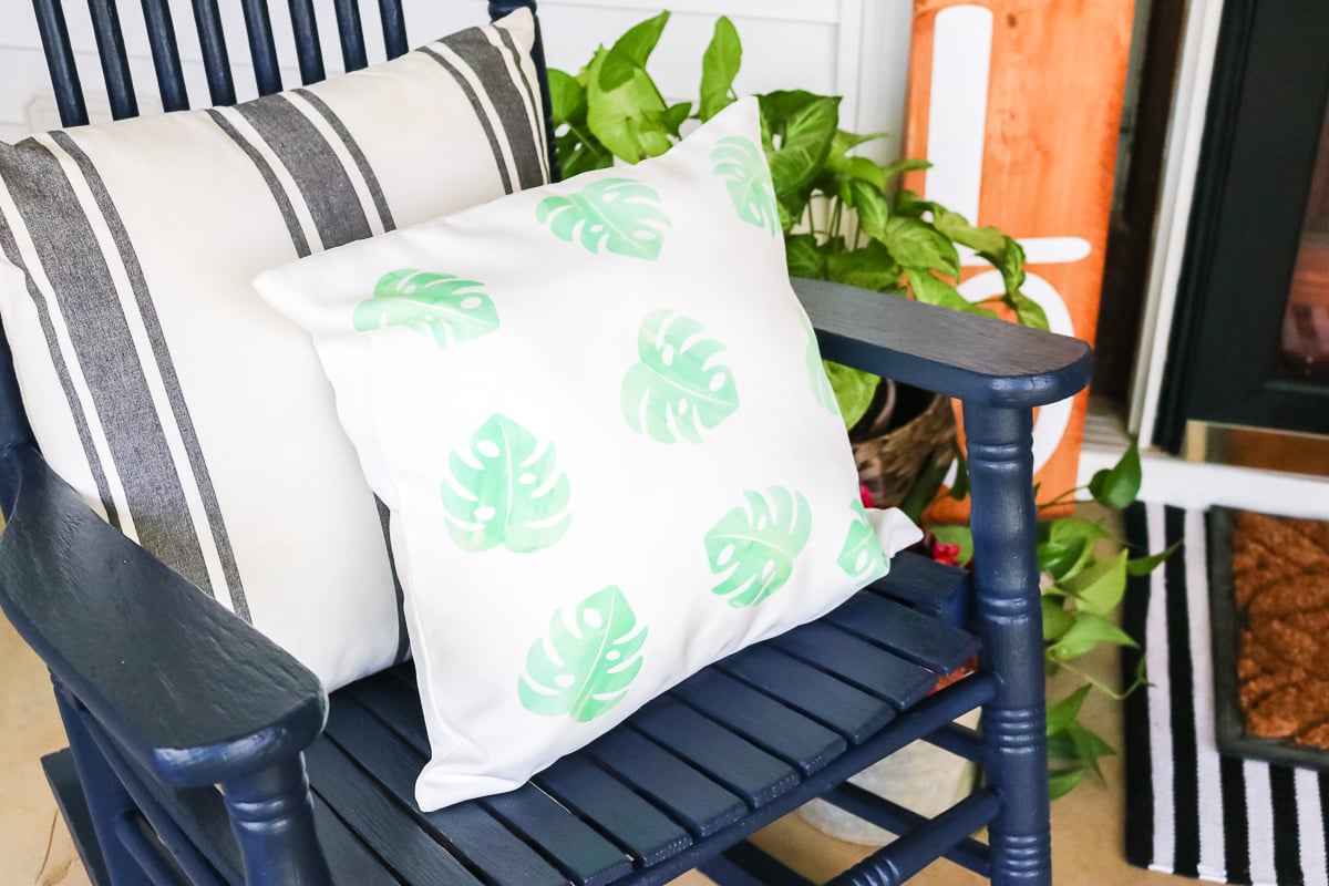 Infusible Ink pillow on a porch rocker