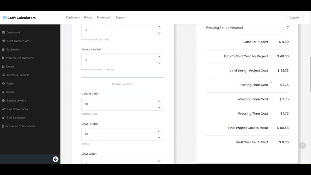 custom shirt pricing on craft calculators