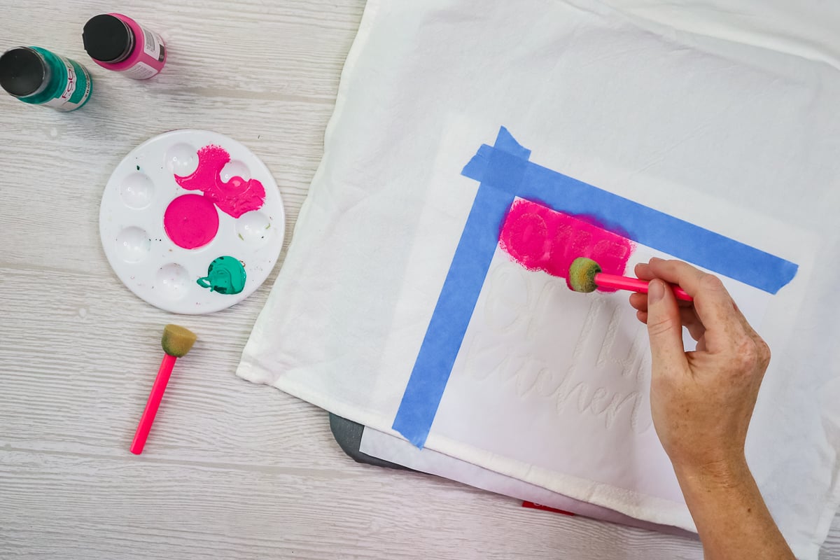 using a stencil brush for a tea towel