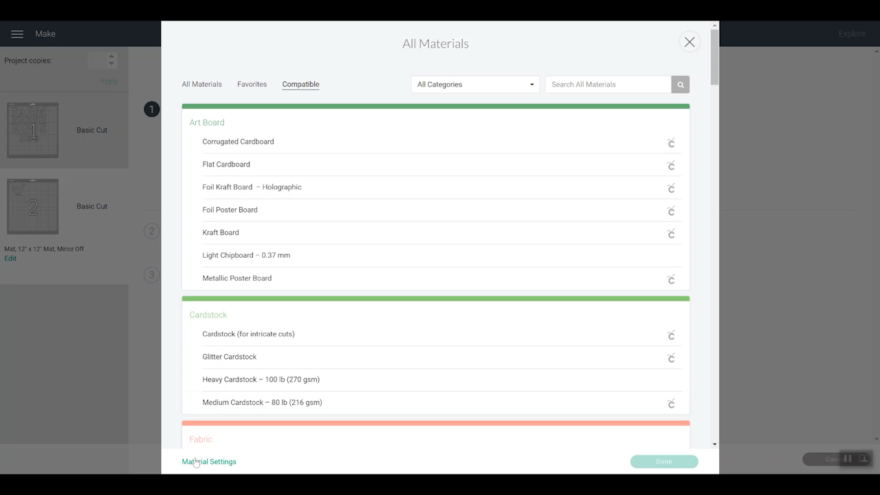 material settings cricut design space