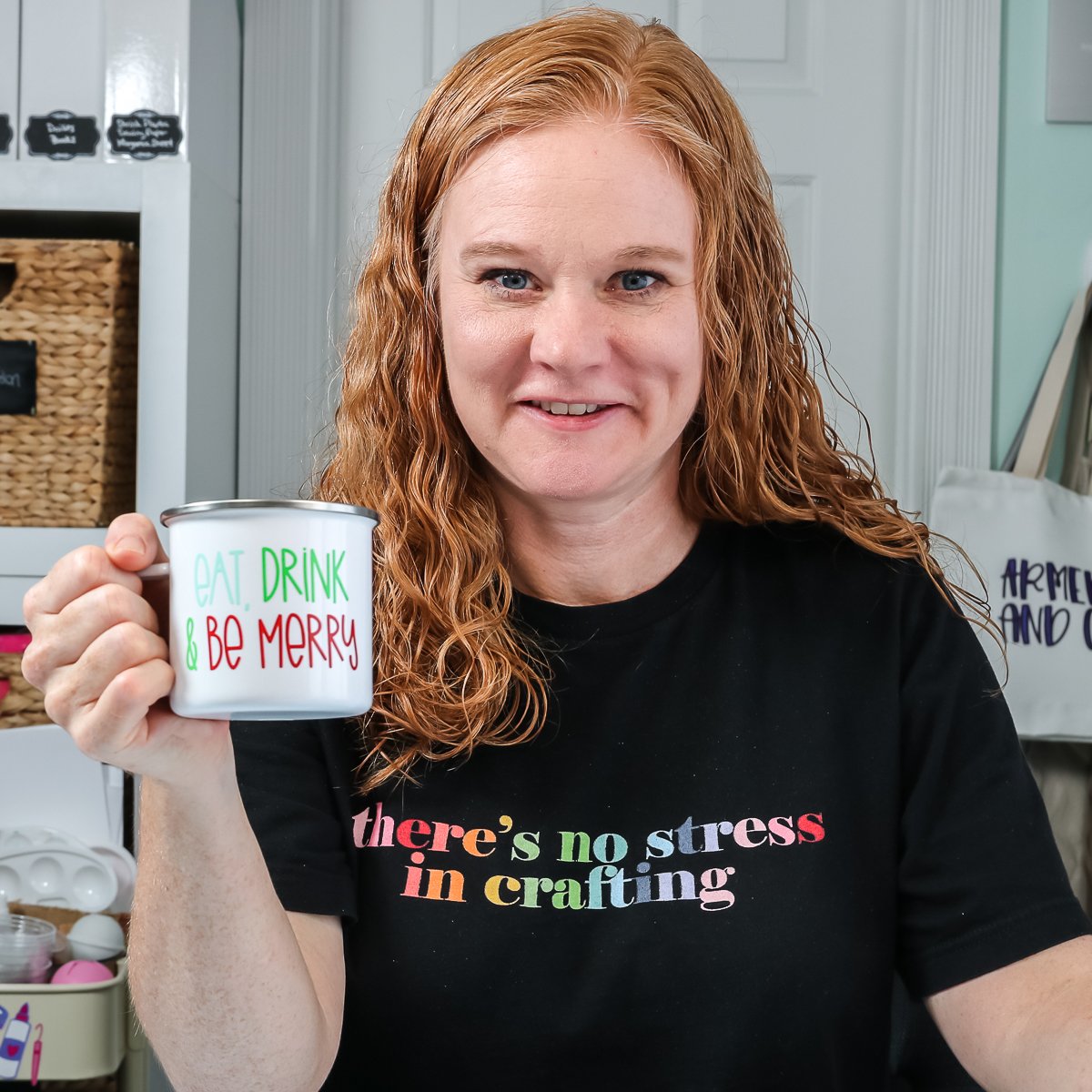 angie holden holding a mug made with a cricut