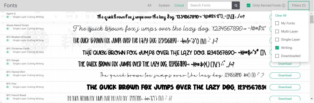 finding writing fonts in cricut design space