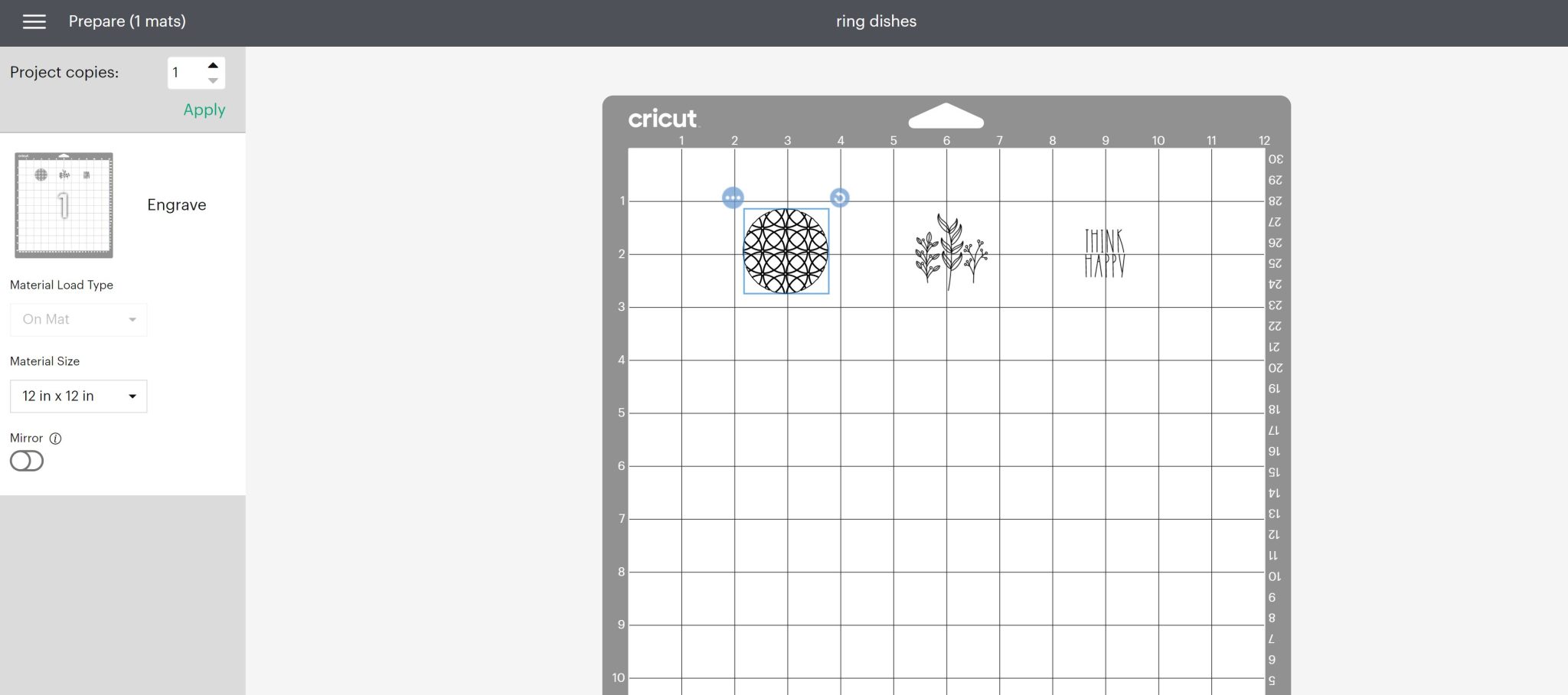 localisation de la gravure dans l'espace de conception cricut