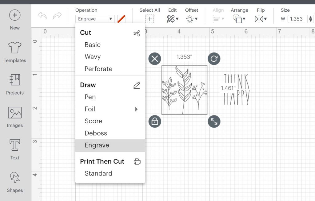 choisir des lignes de gravure dans l'espace de conception cricut