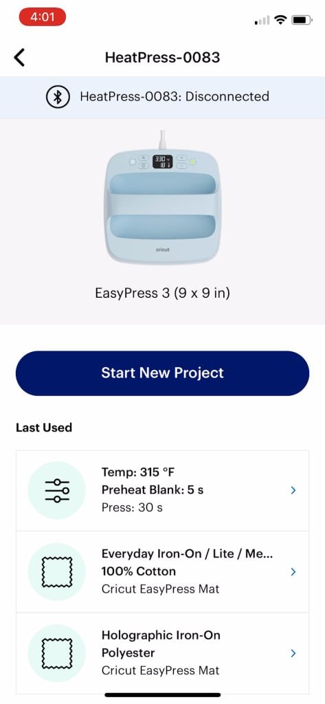 new project in cricut heat app