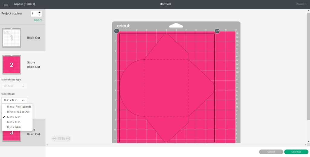 altering material size in design space