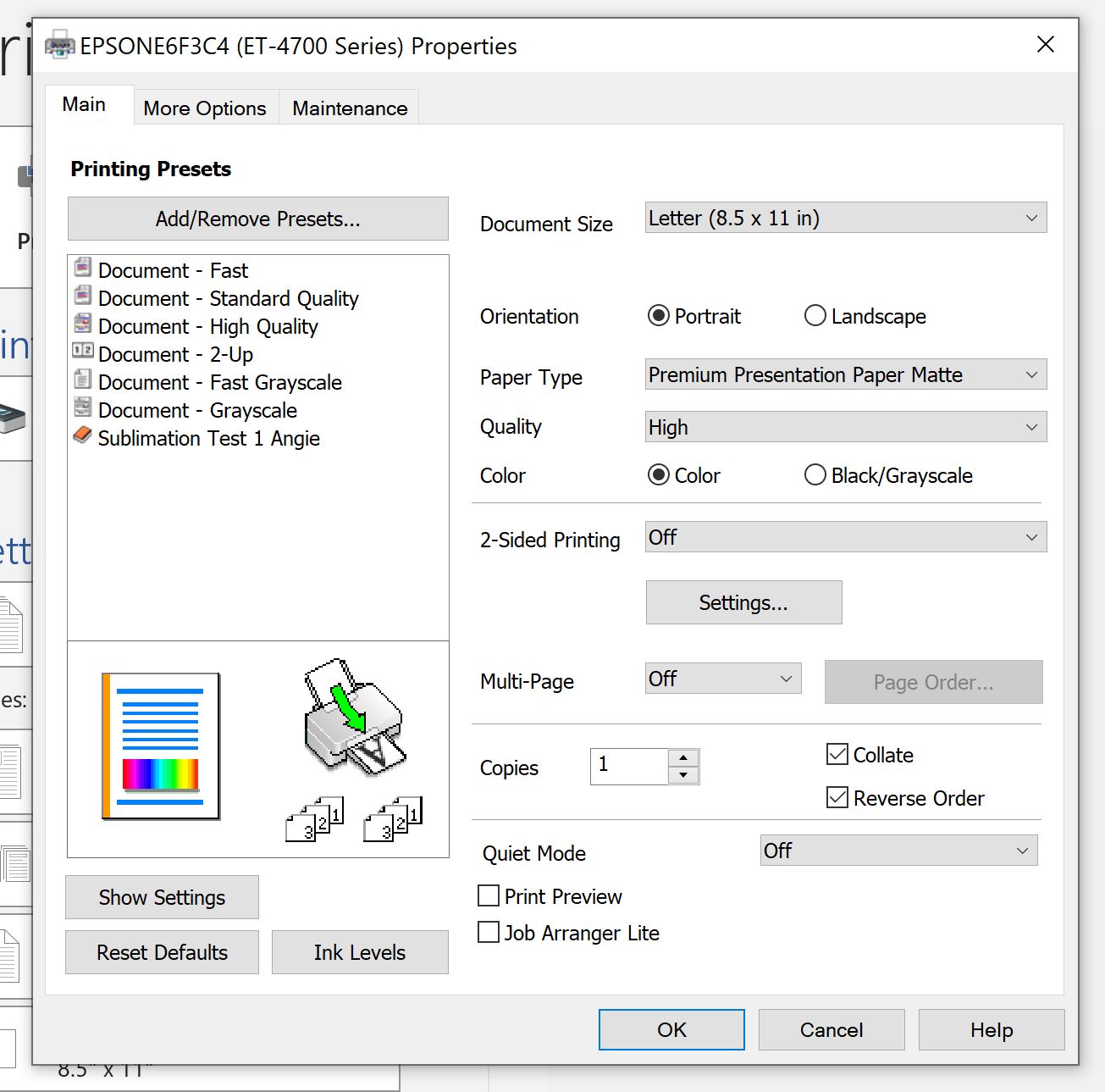 basic printer settings for sublimation