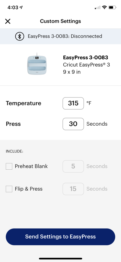cricut heat app custom settings