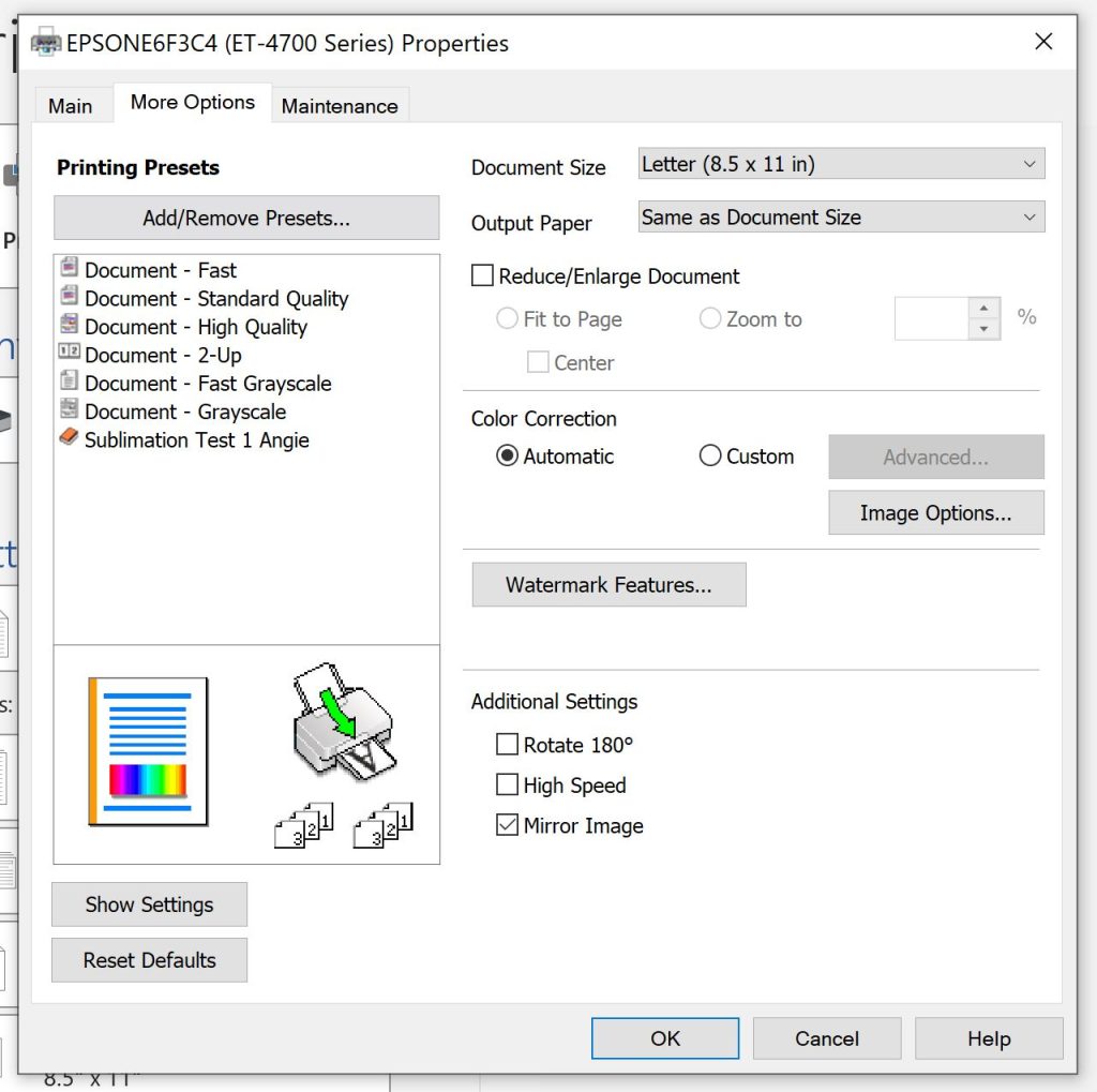 Print Settings for Mug Size sublimation paper - Epson Printer on Windows