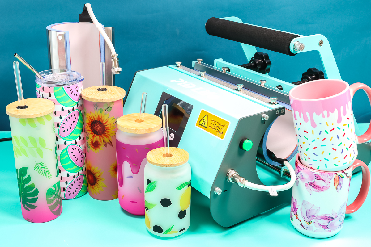 PYD Life Tumbler Press with finished mugs and tumblers