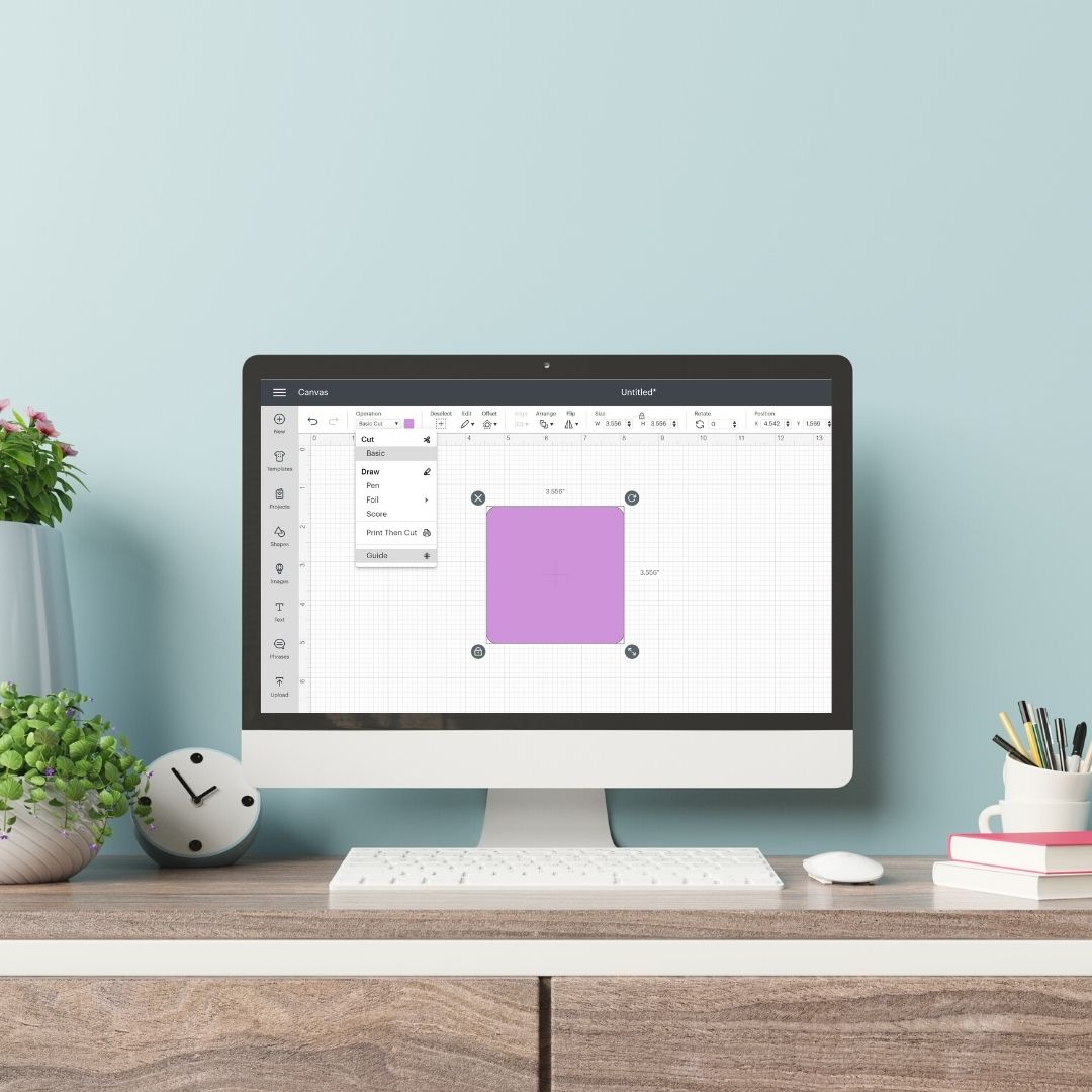 Cricut Design Space Guides - canvas screen in Design Space with purple square.