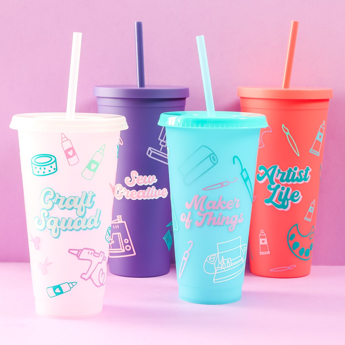 Finished tumblers with all the different free SVG designs.