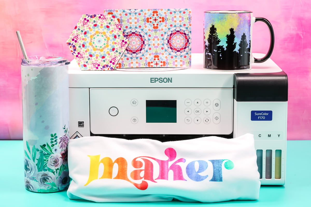 Epson SureColor F170 Sublimation Printer with finished shirt, tumbler, mug, bookend and coaster.