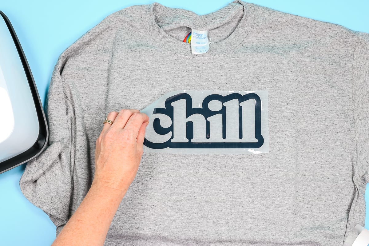 Siser Brick HTV in navy applied to grey shirt outline of the word chill.