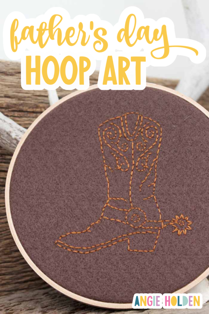 orange cowboy boot embroidered on a brown piece of fabric 