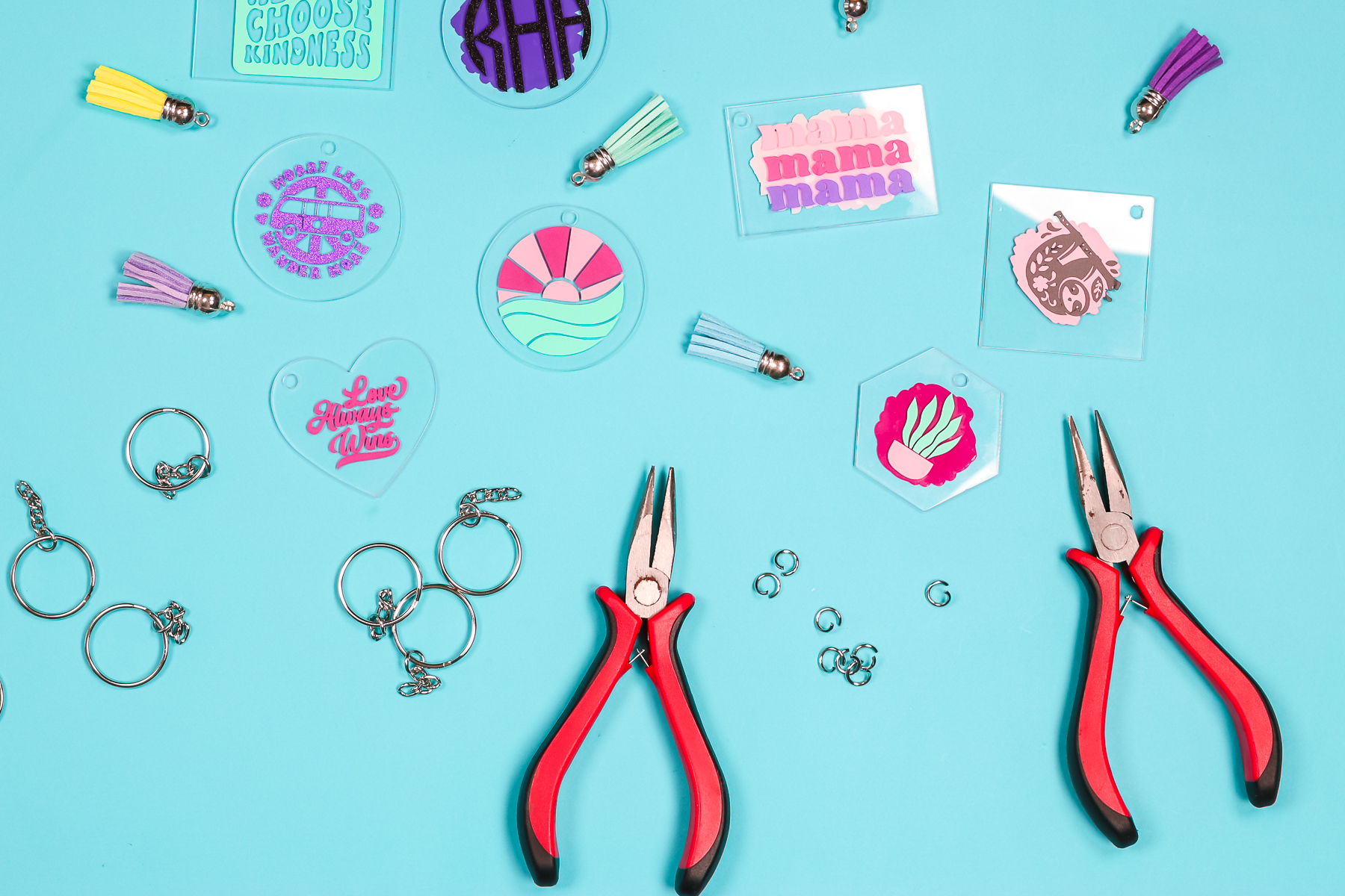 Use jewelry making tools to complete the keychain attachments.