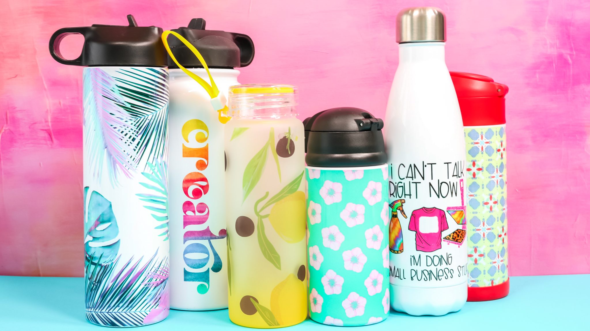 Sublimation water bottles lined up.