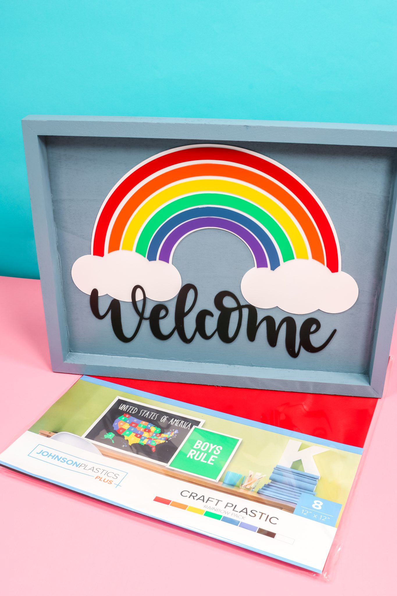 The welcome sign is finished with plastic scraps crafted with the Cricut Maker.