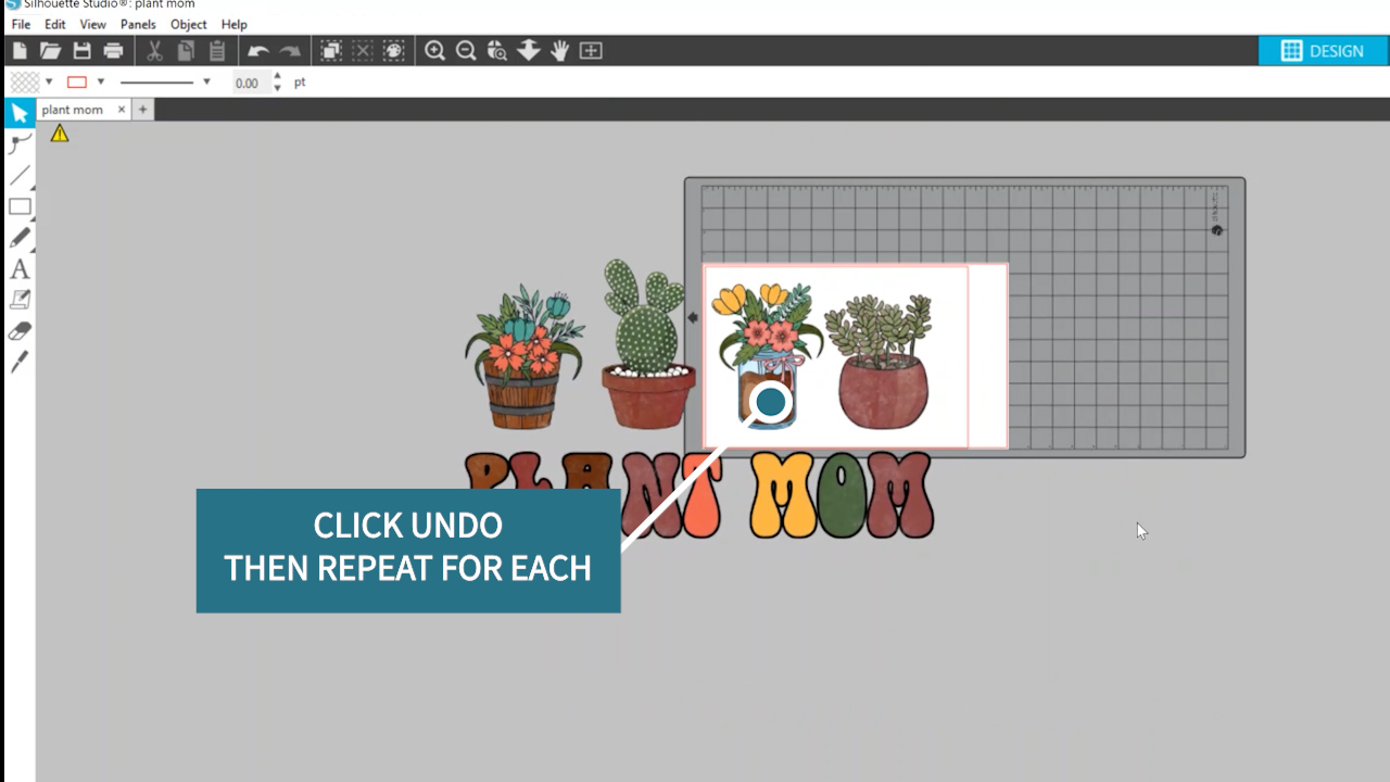 Tiling plant mom image into 4 pieces in Silhouette Studio.