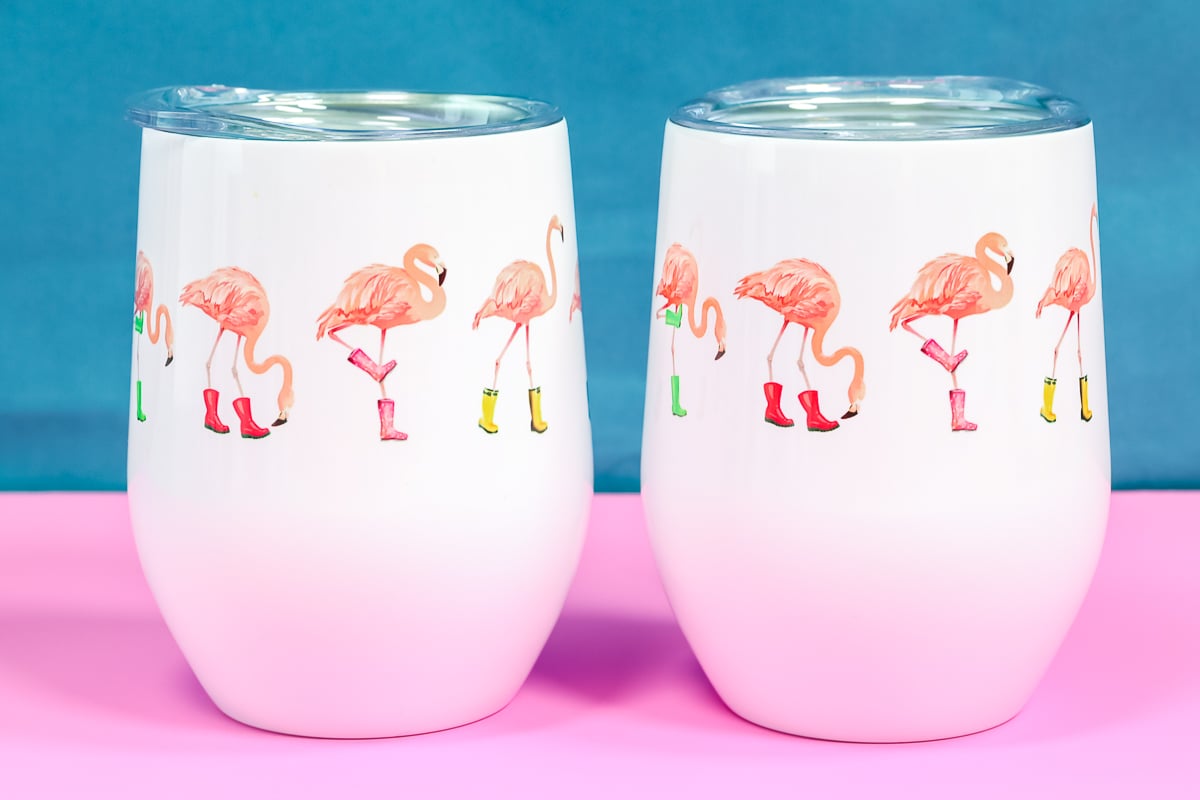 Sublimation wine tumbler with flamingos.