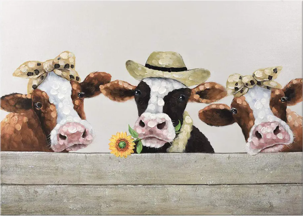 fun cows wearing hats and bows canvas