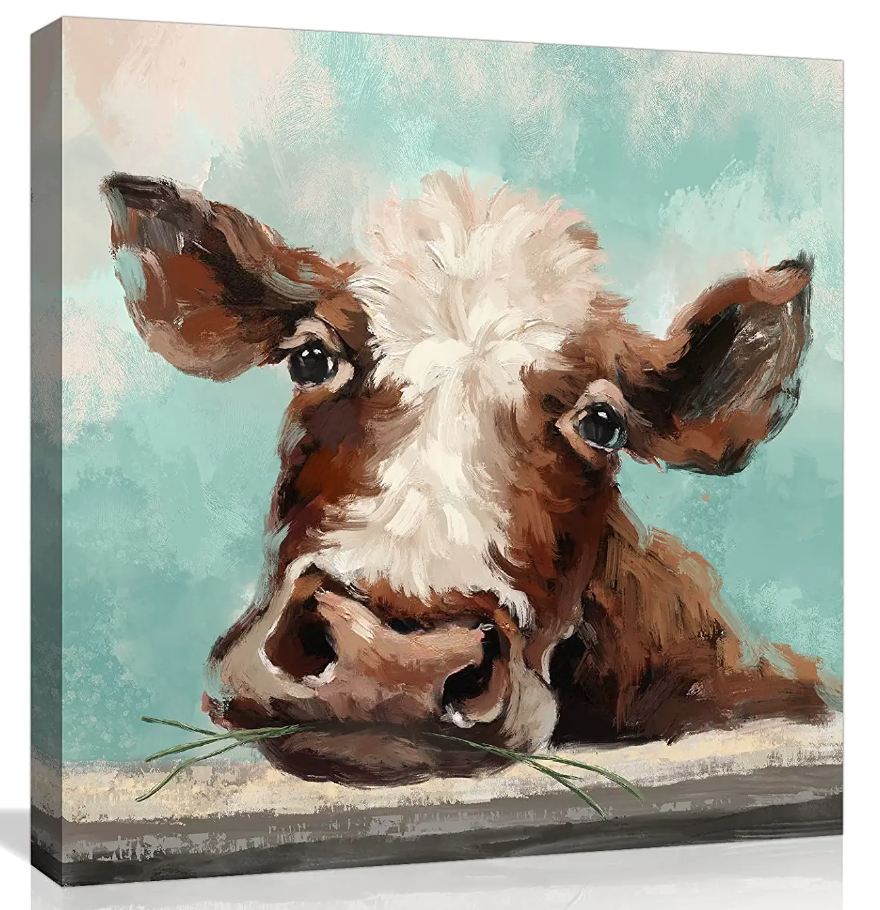 farmhouse style cow canvas with teal background