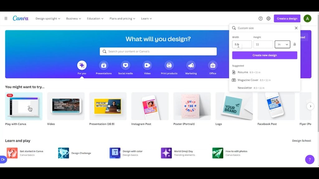 creating a custom size in canva