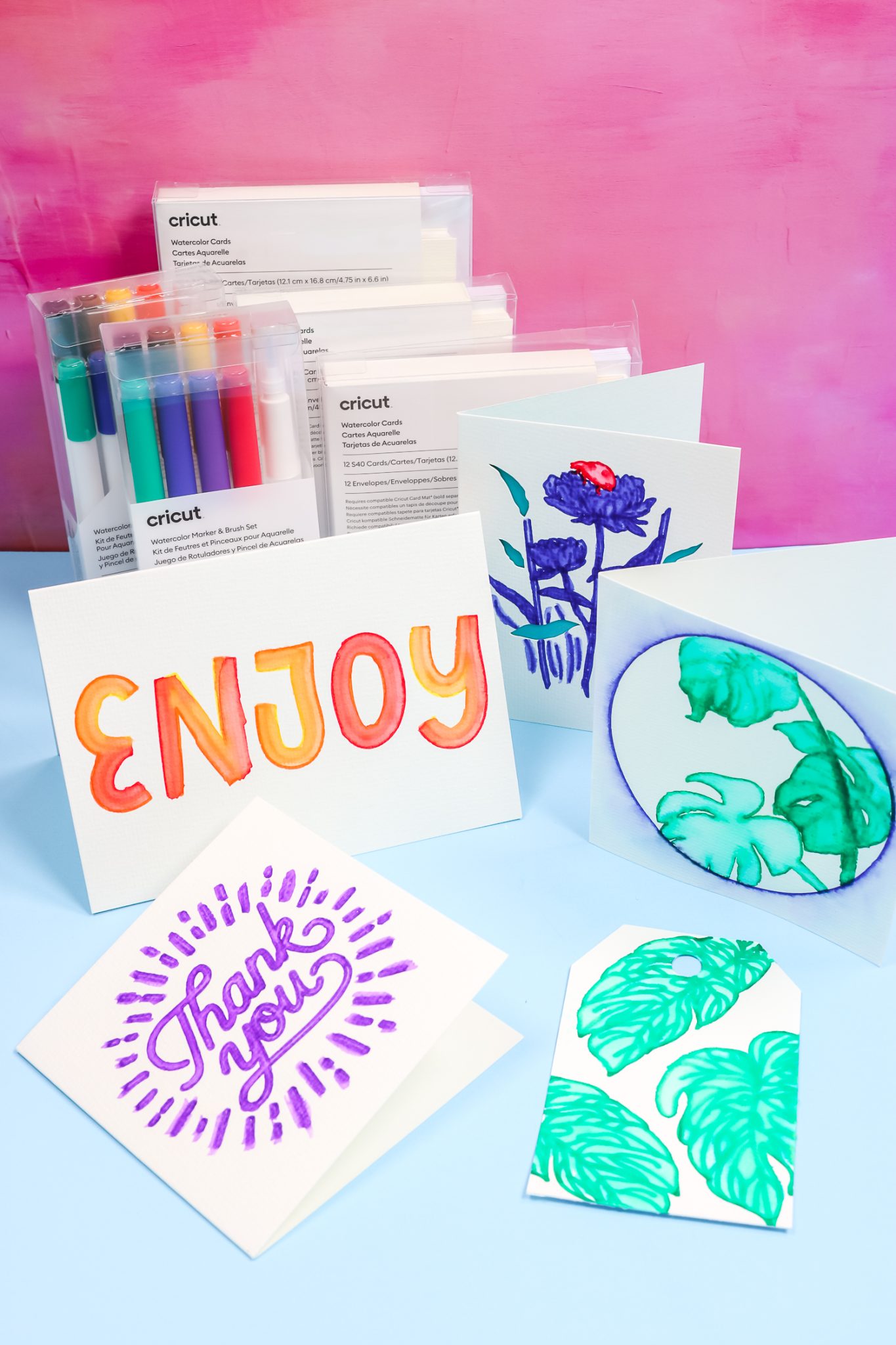 Cricut watercolor markers and cards with finished products.